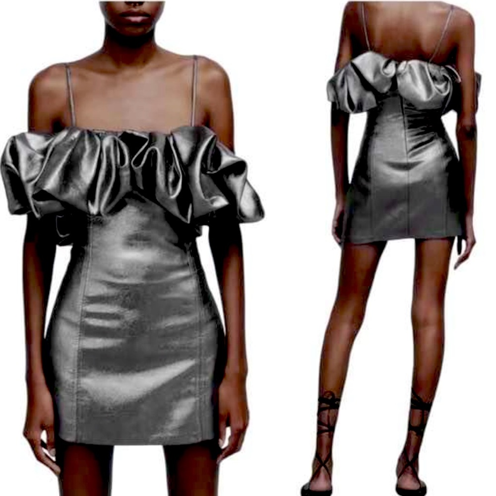 New Brand New Zara Metallic Silver Voluminous Dress